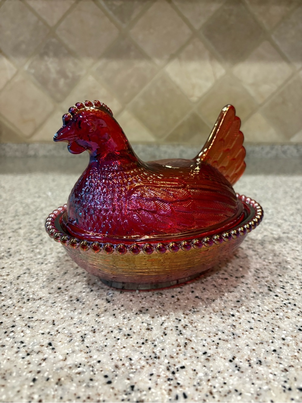 Red Glass Hen on Nest Covered Dish w/ Lid 2-Piece Oval Chicken